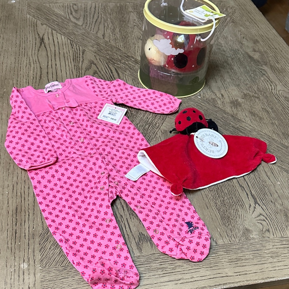 Bundle footie, Ceramic Bank with Bug Keeper Container and hold me ladybug